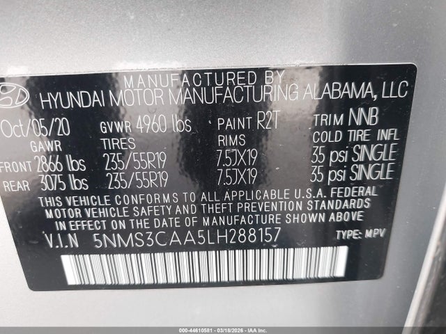 Продажа на аукционе авто 2020 Hyundai Santa Fe Sel 2.0t, vin: 5NMS3CAA5LH288157, номер лота: 44610581