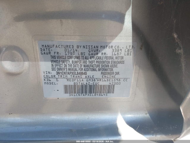 3N1CN7APXEL848645 Nissan Versa 1.6 S+