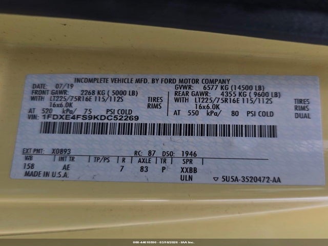 Продаж на аукціоні авто 2019 Ford E-450 Cutaway, vin: 1FDXE4FS9KDC52269, номер лоту: 44610590