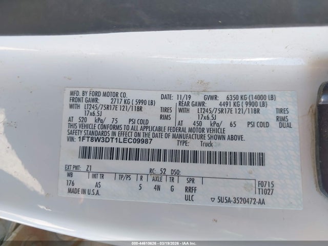 Продаж на аукціоні авто 2020 Ford F-350 Xl, vin: 1FT8W3DT1LEC09987, номер лоту: 44610626