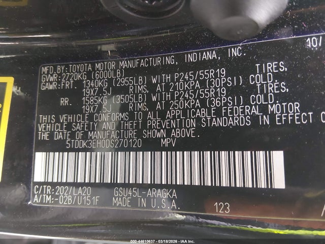 Aukcja sprzedaży 2013 Toyota Highlander Limited V6, vin: 5TDDK3EH0DS270120, numer aukcji: 44610637
