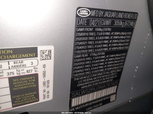 2022 Land Rover Range Rover Sport Hst Mhev მანქანა იყიდება აუქციონზე, vin: SALWS2RU3NA797425, აუქციონის ნომერი: 44610653