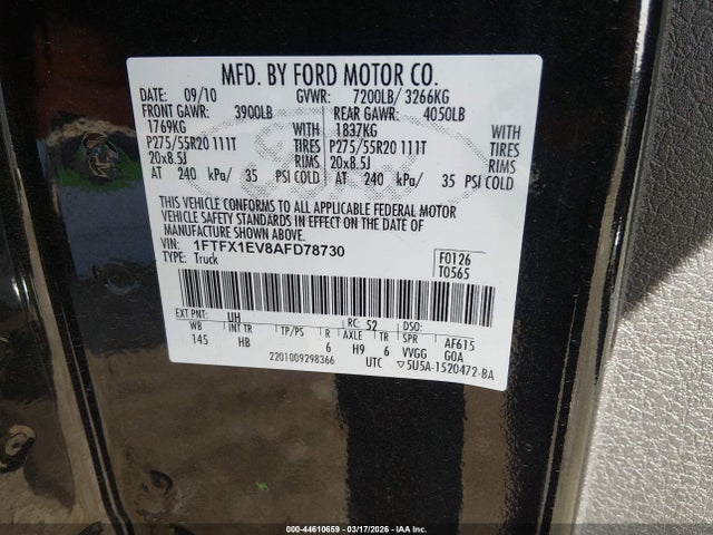Aukcja sprzedaży 2010 Ford F-150 Fx4/lariat/xl/xlt, vin: 1FTFX1EV8AFD78730, numer aukcji: 44610659
