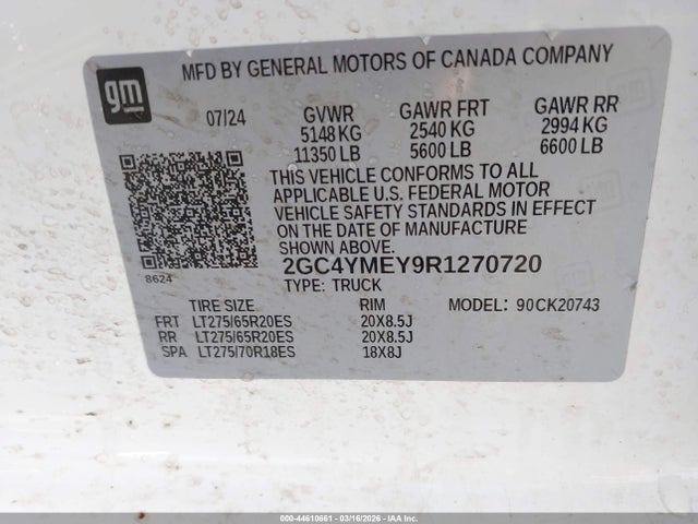 44610661 :رقم المزاد ، 2GC4YMEY9R1270720 vin ، 2024 Chevrolet Silverado 2500hd 4wd  Standard Bed Custom مزاد بيع