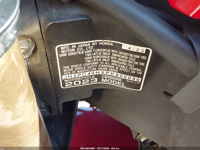 Продажа на аукционе авто 2023 Honda Cbr600 Rr, vin: JH2PC40HXPK900090, номер лота: 44610681