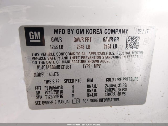 44610696 :رقم المزاد ، KL4CJASB0HB131051 vin ، 2017 Buick Encore Preferred مزاد بيع