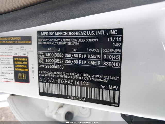Продаж на аукціоні авто 2015 Mercedes-benz Ml 350 4matic, vin: 4JGDA5HBXFA514194, номер лоту: 44610713