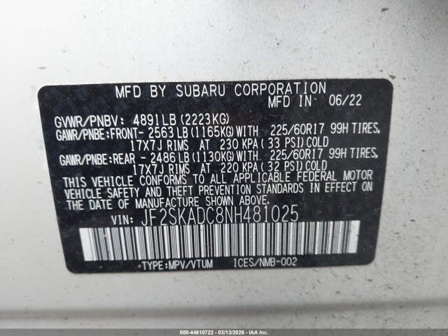 Продажа на аукционе авто 2022 Subaru Forester Premium, vin: JF2SKADC8NH481025, номер лота: 44610722
