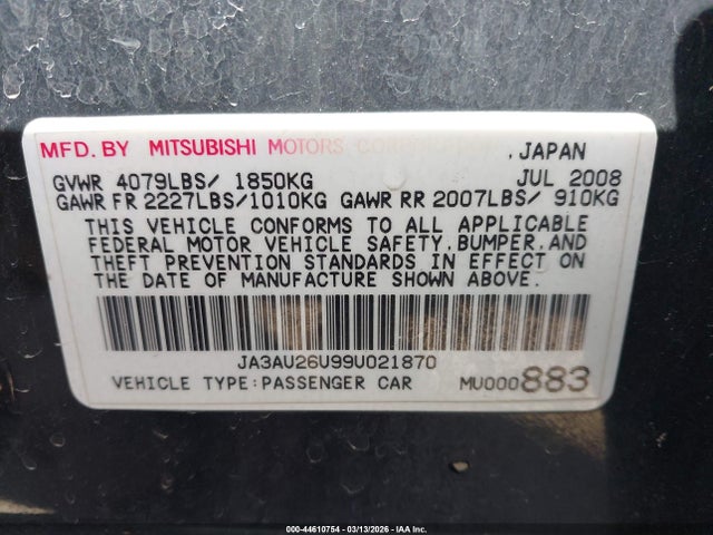 44610754 :رقم المزاد ، JA3AU26U99U021870 vin ، 2009 Mitsubishi Lancer Es/es-sport مزاد بيع
