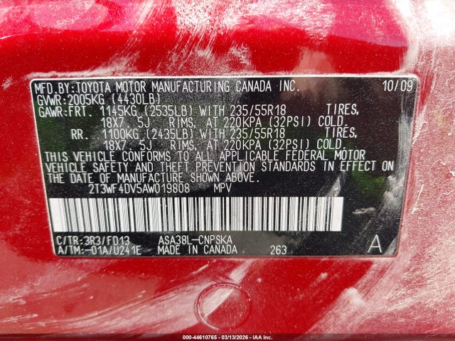 2010 Toyota Rav4 Sport მანქანა იყიდება აუქციონზე, vin: 2T3WF4DV5AW019808, აუქციონის ნომერი: 44610765