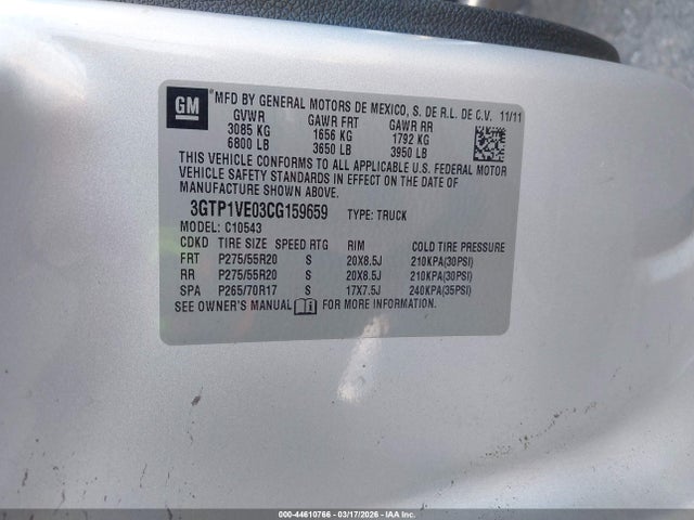 44610766 :رقم المزاد ، 3GTP1VE03CG159659 vin ، 2012 Gmc Sierra 1500 Sle مزاد بيع