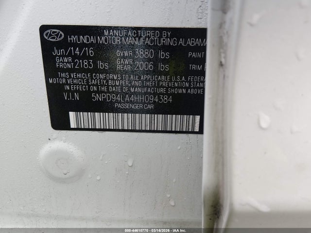 2017 Hyundai Elantra Eco მანქანა იყიდება აუქციონზე, vin: 5NPD94LA4HH094384, აუქციონის ნომერი: 44610770