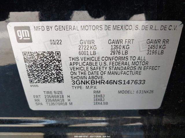 3GNKBHR46NS147633 Chevrolet Blazer Awd 2lt