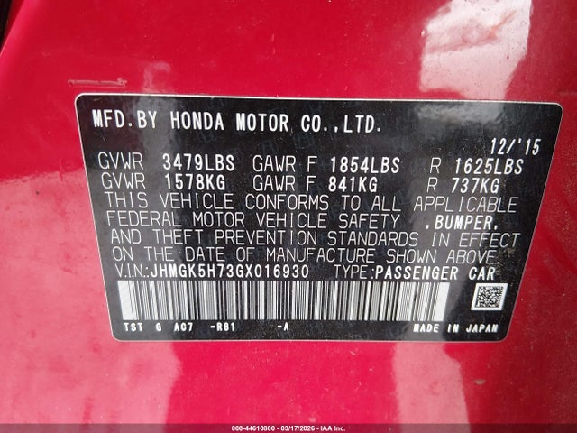 JHMGK5H73GX016930 Honda FIT EX