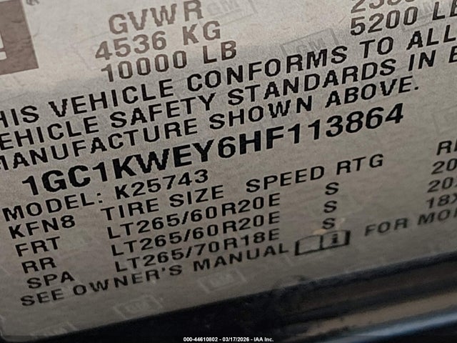 1GC1KWEY6HF113864 Chevrolet Silverado 2500hd Ltz