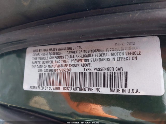 2000 Subaru Outback Limited მანქანა იყიდება აუქციონზე, vin: 4S3BH6864Y7650269, აუქციონის ნომერი: 44610806