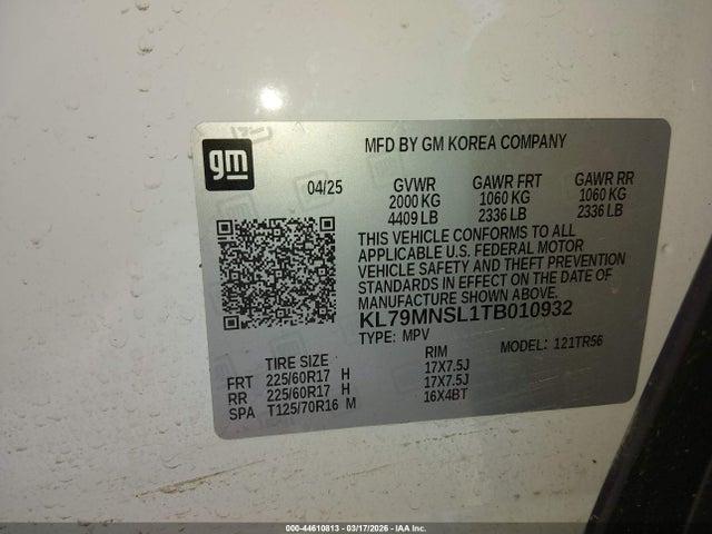 Aukcja sprzedaży 2026 Chevrolet Trailblazer Awd Ls, vin: KL79MNSL1TB010932, numer aukcji: 44610813