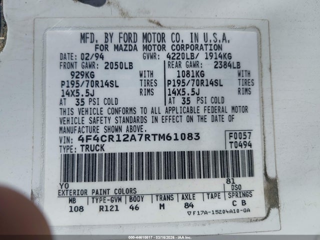 Aukcja sprzedaży 1994 Mazda B2300, vin: 4F4CR12A7RTM61083, numer aukcji: 44610817