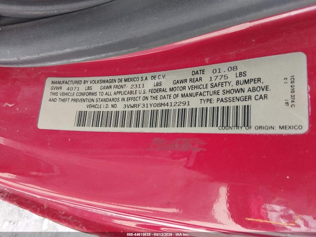 Продаж на аукціоні авто 2008 Volkswagen New Beetle Se, vin: 3VWRF31Y08M412291, номер лоту: 44610838