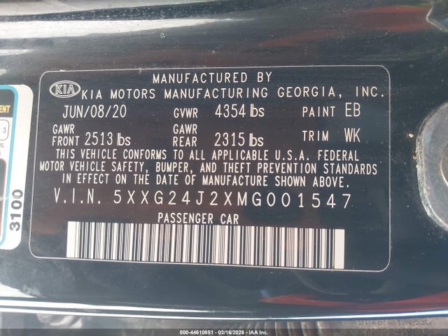 Aukcja sprzedaży 2021 Kia K5 Lx, vin: 5XXG24J2XMG001547, numer aukcji: 44610851