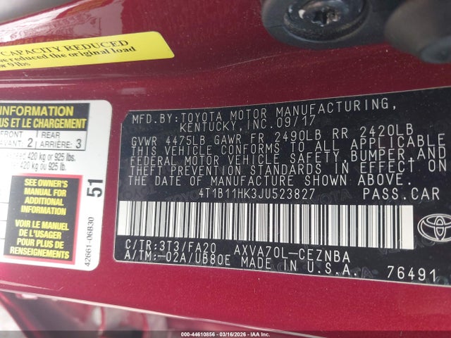 2018 TOYOTA CAMRY 4T1B11HK3JU523827 Photo 8