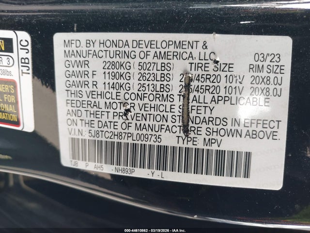 44610862 :رقم المزاد ، 5J8TC2H87PL009735 vin ، 2023 Acura Rdx A-spec Advance Package مزاد بيع