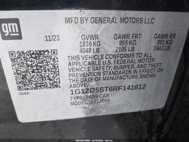 44610866 :رقم المزاد ، 1G1ZD5ST6RF141612 vin ، 2024 Chevrolet Malibu Fwd 1lt مزاد بيع