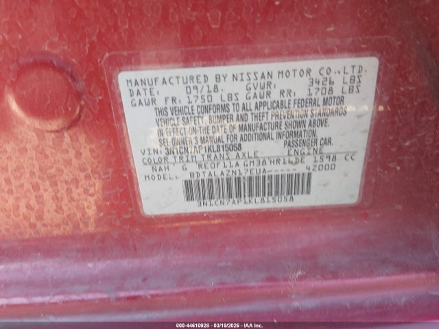 Aukcja sprzedaży 2019 Nissan Versa 1.6 S+, vin: 3N1CN7AP1KL815058, numer aukcji: 44610928