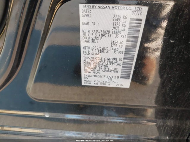 Nissan Pathfinder Platinum 2014 5N1AR2MNOEC715129 Image 9