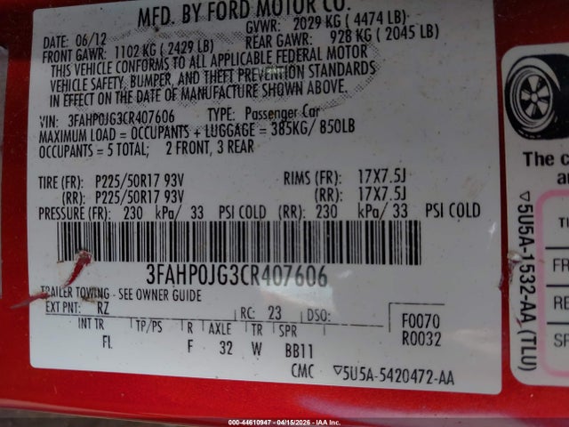 44610947 :رقم المزاد ، 3FAHP0JG3CR407606 vin ، 2012 Ford Fusion Sel مزاد بيع