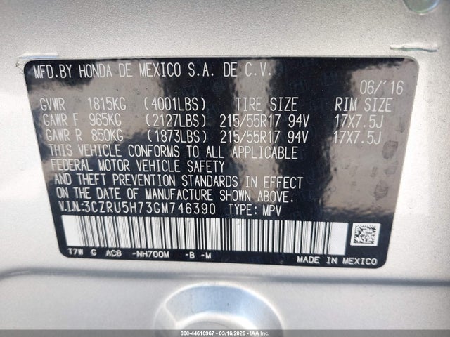 Honda Hr-v Ex-l 2016 3CZRU5H73GM746390 Image 9