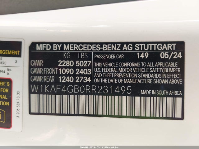 44610974 :رقم المزاد ، W1KAF4GB0RR231495 vin ، 2024 Mercedes-benz C 300 مزاد بيع
