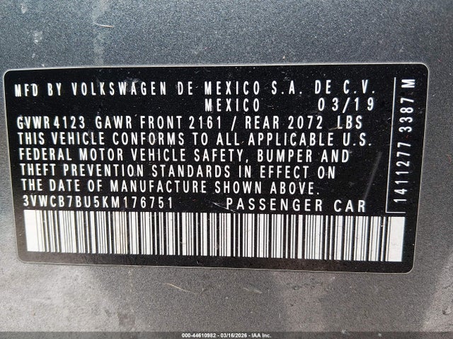 2019 Volkswagen Jetta 1.4t R-line/1.4t S/1.4t Se მანქანა იყიდება აუქციონზე, vin: 3VWCB7BU5KM176751, აუქციონის ნომერი: 44610982
