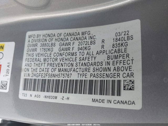 2022 HONDA CIVIC 2HGFE2F58NH575767 Photo 8
