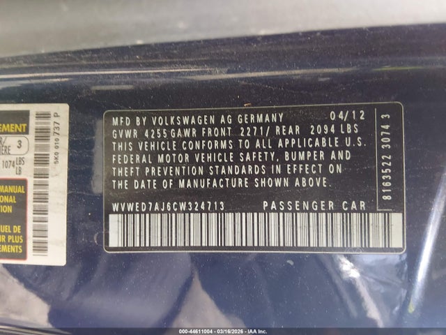 Продаж на аукціоні авто 2012 Volkswagen Gti 2-door, vin: WVWED7AJ6CW324713, номер лоту: 44611004