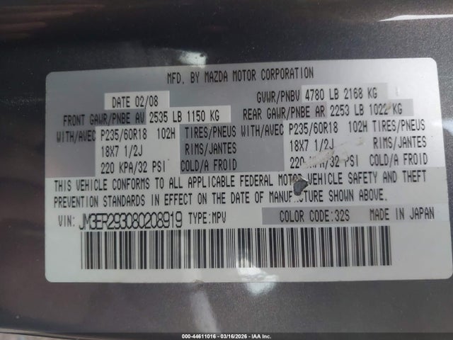 44611016 :رقم المزاد ، JM3ER293080208919 vin ، 2008 Mazda Cx-7 Sport مزاد بيع