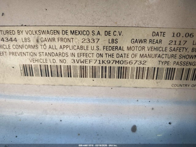 44611018 :رقم المزاد ، 3VWEF71K97M056732 vin ، 2007 Volkswagen Jetta Wolfsburg Edition مزاد بيع