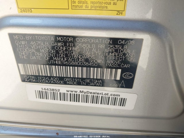 Aukcja sprzedaży 2008 Lexus Gs 350, vin: JTHBE96S880038450, numer aukcji: 44611022