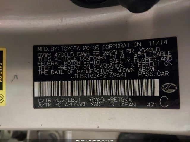 Aukcja sprzedaży 2015 Lexus Es 350, vin: JTHBK1GG4F2169641, numer aukcji: 44611029