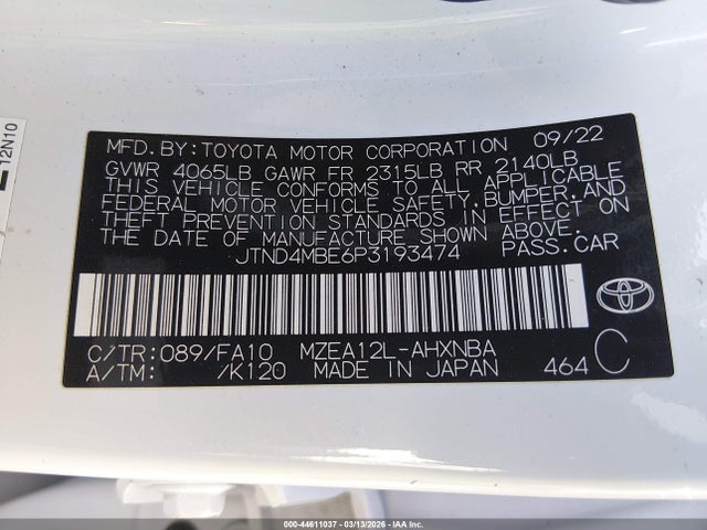 JTND4MBE6P3193474 Toyota COROLLA SE
