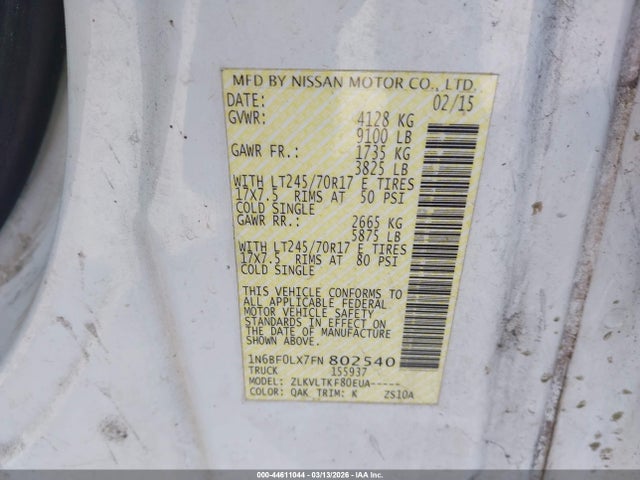Aukcja sprzedaży 2015 Nissan Nv Cargo Nv2500 Hd Sv V6, vin: 1N6BF0LX7FN802540, numer aukcji: 44611044