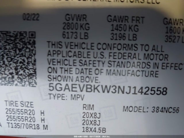 44611058 :رقم المزاد ، 5GAEVBKW3NJ142558 vin ، 2022 Buick Enclave Awd Premium مزاد بيع