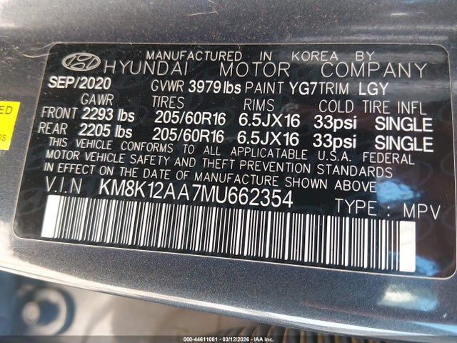 KM8K12AA7MU662354 Hyundai Kona Se