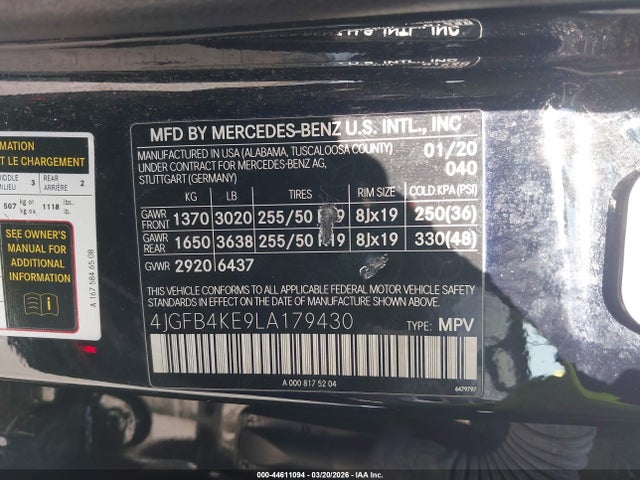 Aukcja sprzedaży 2020 Mercedes-benz Gle 350 4matic, vin: 4JGFB4KE9LA179430, numer aukcji: 44611094