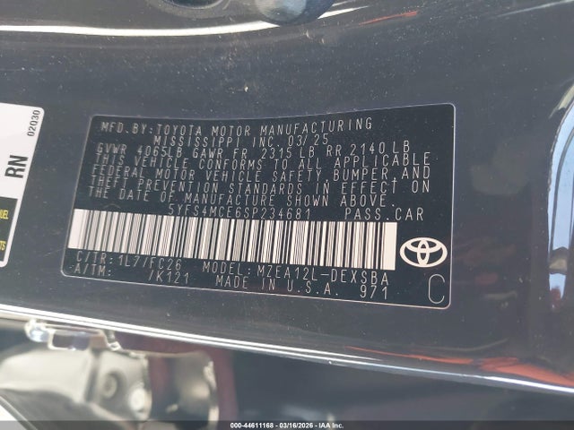 2025 Toyota Corolla Se მანქანა იყიდება აუქციონზე, vin: 5YFS4MCE6SP234681, აუქციონის ნომერი: 44611168