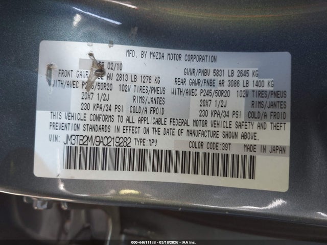 44611188 :رقم المزاد ، JM3TB2MV9A0219282 vin ، 2010 Mazda Cx-9 Grand Touring مزاد بيع