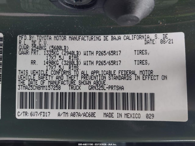 44611190 :رقم المزاد ، 3TMAZ5CN8MM157258 vin ، 2021 Toyota Tacoma Trd Sport مزاد بيع