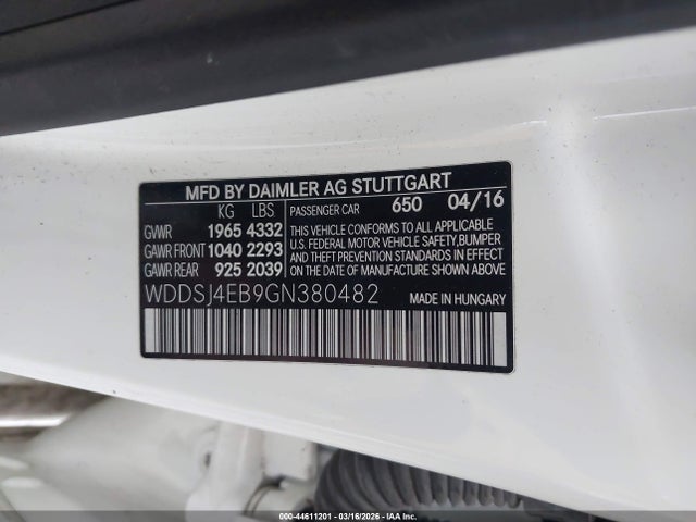 Продаж на аукціоні авто 2016 Mercedes-benz Cla 250, vin: WDDSJ4EB9GN380482, номер лоту: 44611201