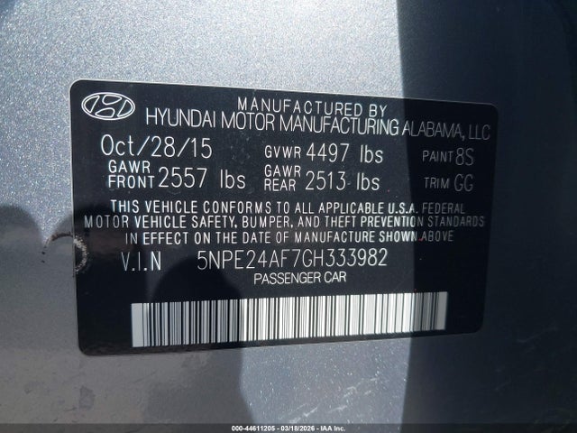 2016 Hyundai Sonata Se მანქანა იყიდება აუქციონზე, vin: 5NPE24AF7GH333982, აუქციონის ნომერი: 44611205