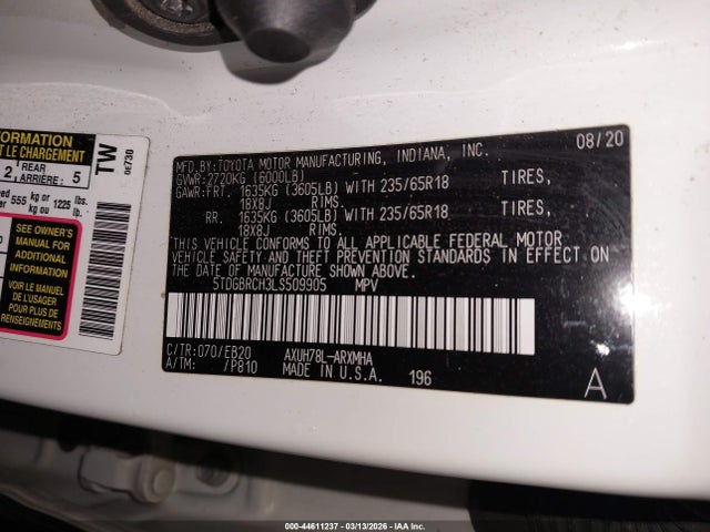 5TDGBRCH3LS509905 Toyota Highlander Hybrid Xle